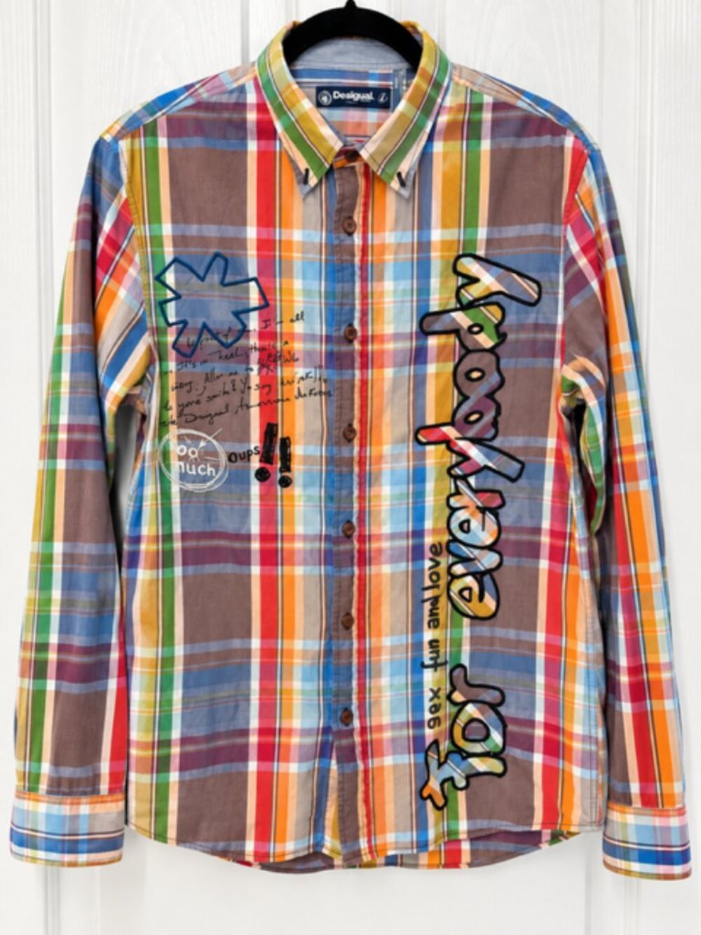 Desigual Men’s L Multicolor Plaid Graphic Shirt Y2K Artsy Streetwear